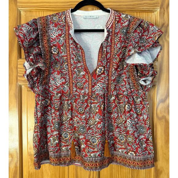 See and Be Seen Short Sleeve Top Size LG Red Print Tassels PERF for Fall - Picture 1 of 6